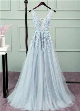 Picture of Pretty Sliver-Grey Tulle Long Lace V-neckline Party Dresses, Floor Length Formal Dresses